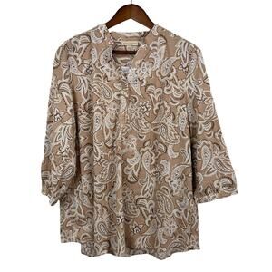 Appleseed's Petities Womens Top XL Beige‎ Paisley Floral Boho Coastal Blouse